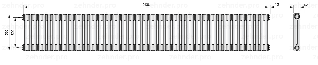 Схема (чертеж) Радиатор Zehnder Charleston 2056/53 №1270 Белый глянцевый RAL 9016